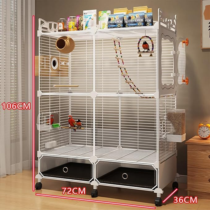 Large Parrot Cage with Acrylic Doors, 4 Casters, Perch & Feeder, Detachable Drawer, Ideal for Cockatiels, Budgies, Conures, Indoor/Outdoor Use – Spacious White Birdcage(White,72 * 36 * 106)