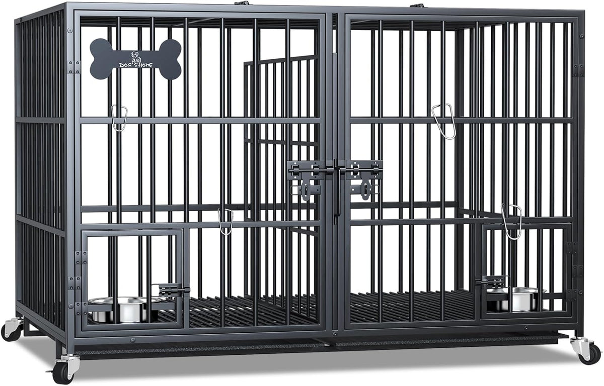 aboxoo 48/42 inch XL Dog Crate for Large Dog/Double Medium Dogs,Heavy Duty Metal Dog Cages,All Metal Open Top,Dog Kennel Indoor with Wheels,Floor Grid, Tray, Divider and Feeding Bowl