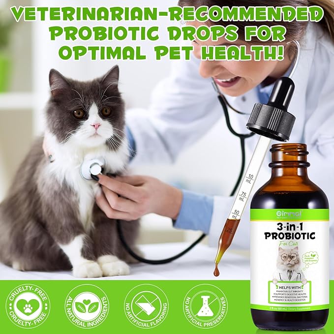 3 in 1 Probiotics for Cats, Cat Digestive Support,Daily Digestive Health Supplement with Multiple Strains of Bacteria Help with Diarrhea,Gas and Bloating, Cat Herbal Supplements- 60ml