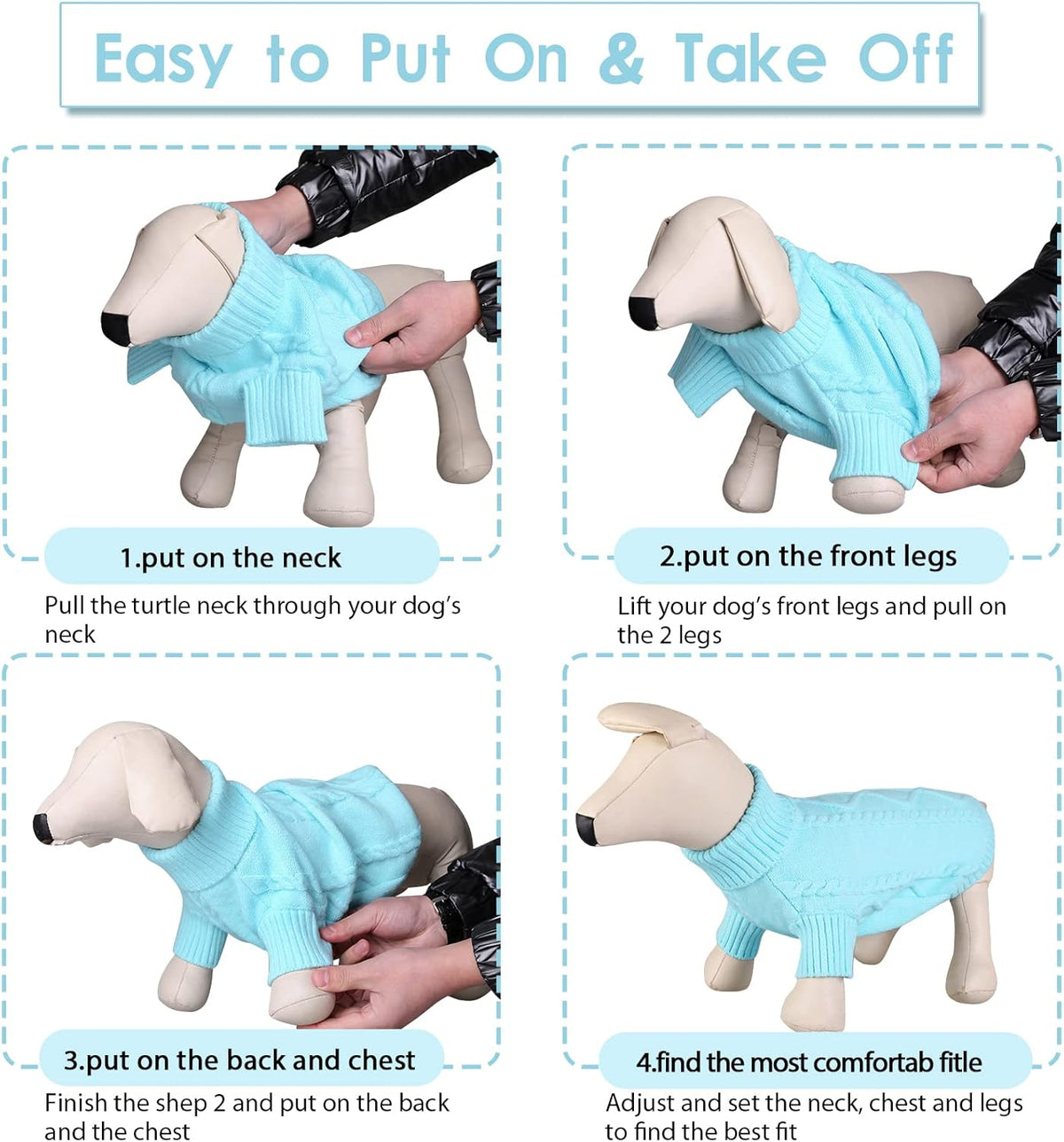 Queenmore Small Dog Pullover Sweater, Cold Weather Cable Knitwear, Classic Turtleneck Thick Warm Clothes for Chihuahua, Bulldog, Dachshund, Pug (Sky Blue, X-Small)