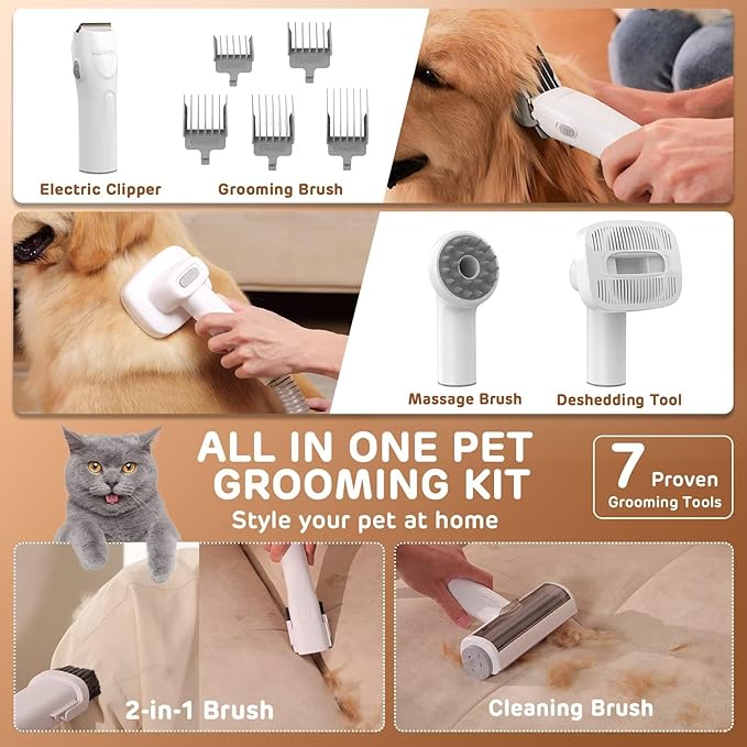 Dog Grooming Vacuum Kit - 3L Vacuum with 7 Tools, Low Noise Electric Clipper and Brush for Pet Shedding at Home, Pink