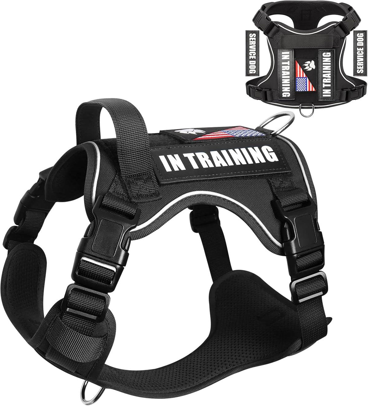 WINSEE Service Dog in Training Harness with 5 PCS Patches, Reflective Tactical Dog Vest Harness, Adjustable Soft Oxford Pet Harness with Easy Control Handle, Hook & Loop Panels for Walking Hiking