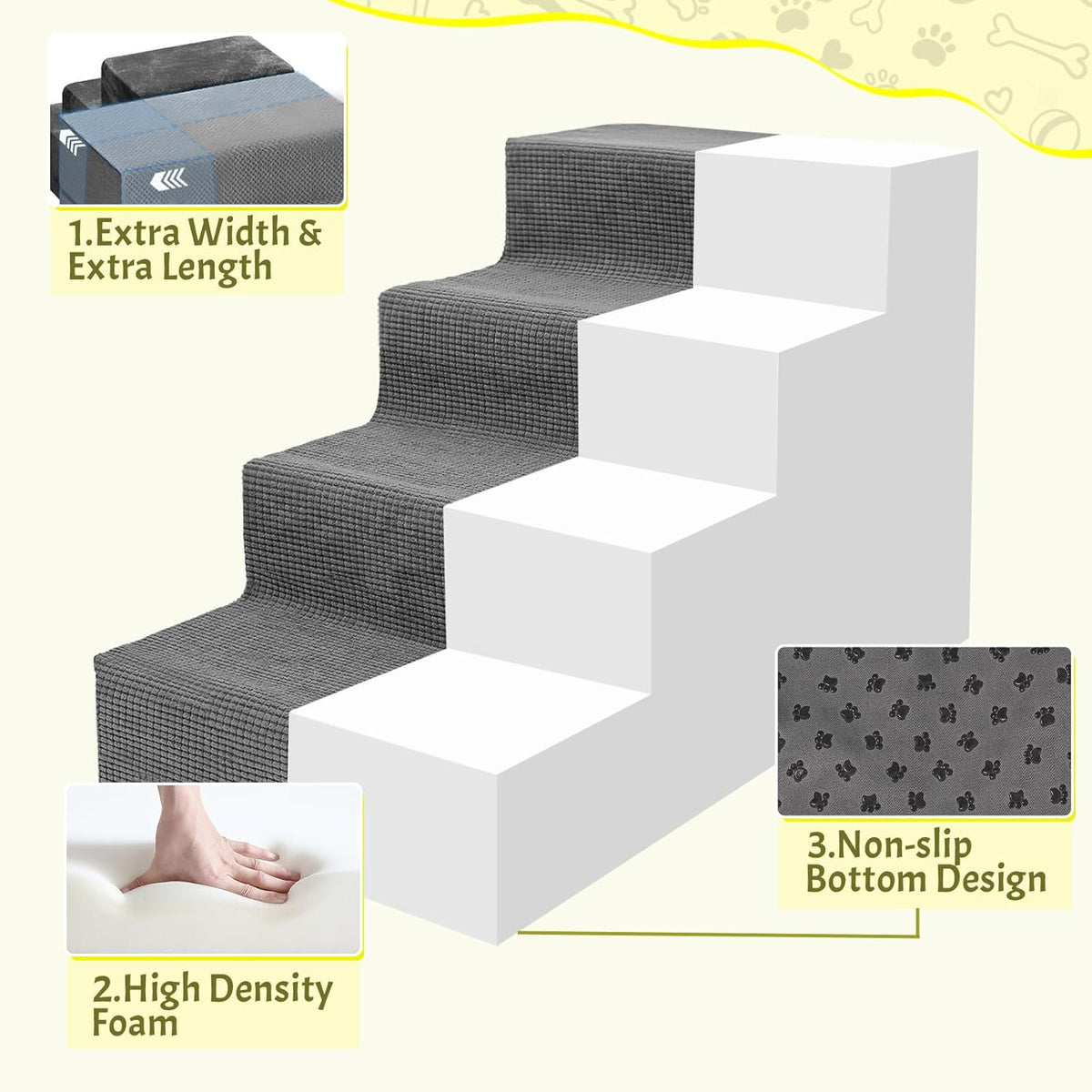 Niubya Dog Stairs for Small Dogs and Cats,18'H Non-Slip Bottom Pet Steps for High Beds and Couch,High-Density Foam Pet Stairs Grey,4 Steps