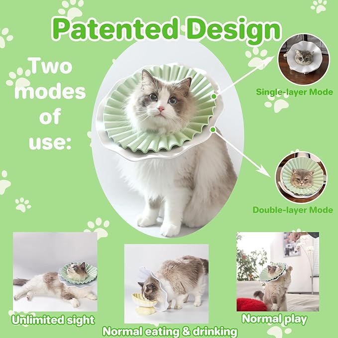 Soft Cat Cone Collar for Cats & Kittens – Adjustable Lightweight Recovery E-Collar to Stop Licking, Scratching & Biting After Surgery, Comfortable Wound Healing Cone Alternative (Green, S)