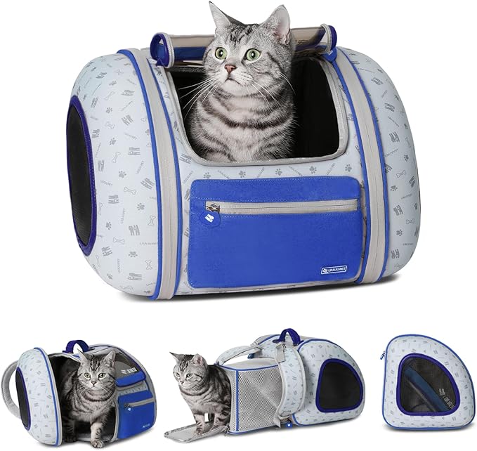 Cat and Dog Backpack Carrier, Foldable Breathable Pet Carrier Backpack with Mesh Ventilation, Large Portable Outing Traveling Pet Bag for Small, Medium Cats, Small Dogs, Blue