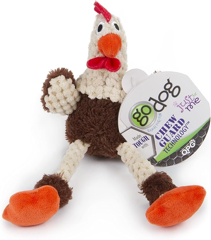 goDog Checkers Just for Me Skinny Rooster Squeaky Plush Dog Toy, Chew Guard Technology - Brown, Mini
