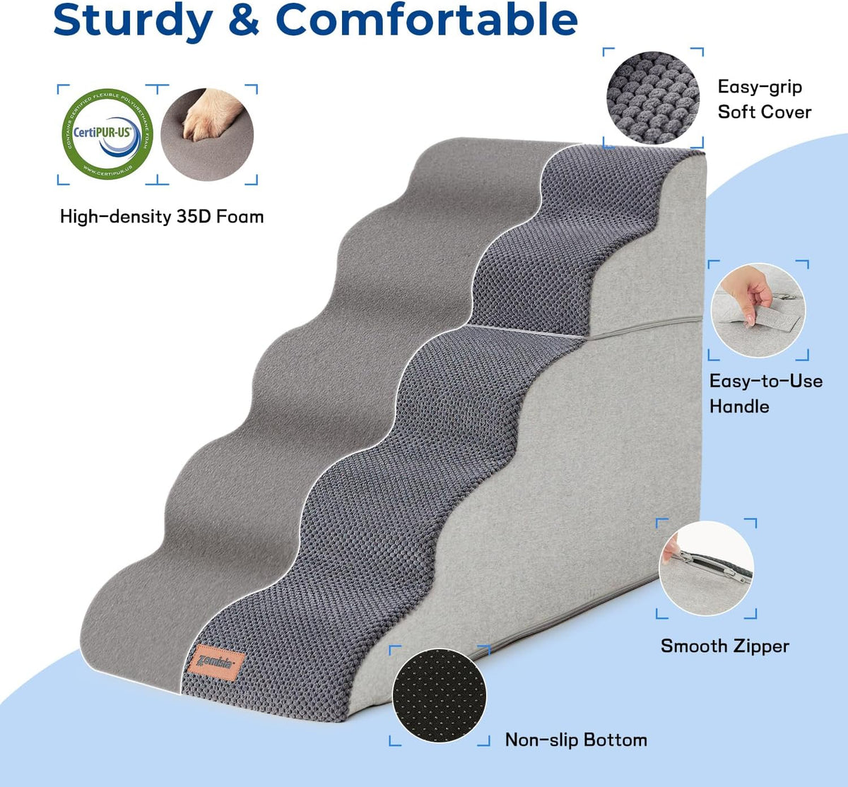 Dog Stairs for High Beds 22.8" H - Pet Stairs Ramp for Couch, 35D Foam Dog Steps for Small to Large Dogs with Non-Slip Bottom Grey, 5 Steps