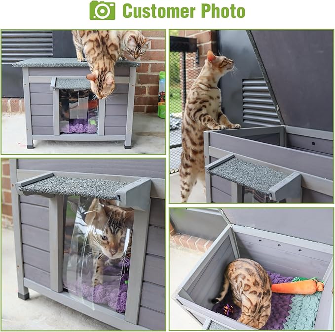 Outdoor Feral Cat House Weatherproof, Small Wooden Rabbit Hutch Bunny Cage Indoor-PVC Door Flaps