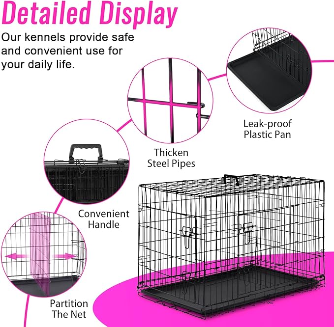 FDW Dog Crate for Large Dogs 48 Inch Folding Metal WirePet Cage Double Door W/Divider Panel Indoor Outdoor Kennel Leak-Proof Plastic Tray,Black