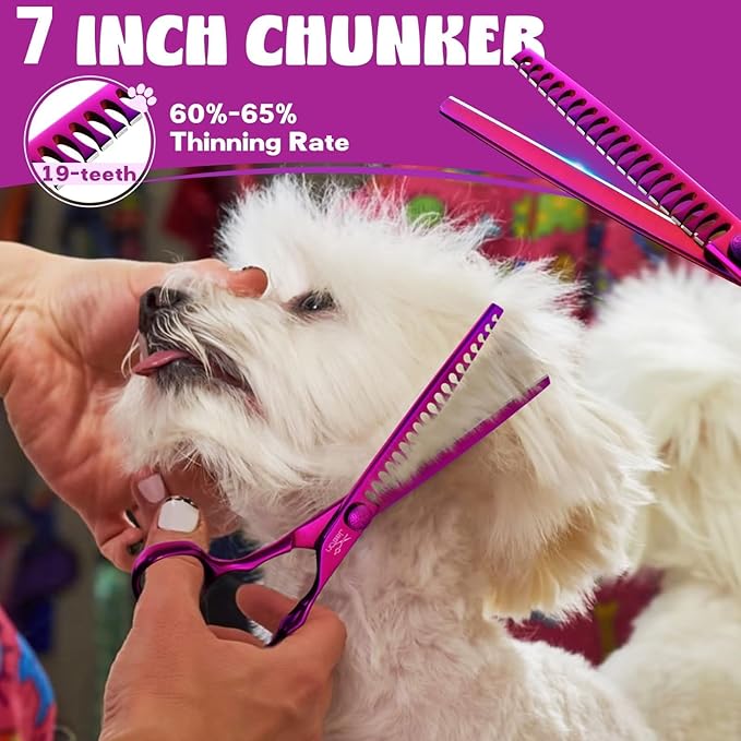 JASON Dog Grooming Scissors Set - Professional 6 in 1 Dog Shears Set - 7" Chunker, 7" Straight, 7" Up-Curved, 7" Down-curved Scissors and Comb for Cat Pet with Adjustable Screw Christmas Gift