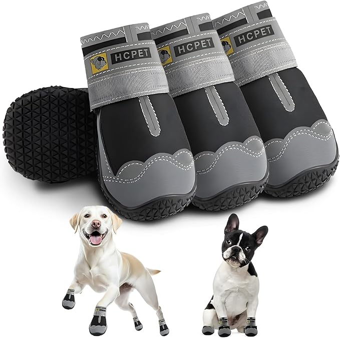 Hcpet Dog Shoes for Large Dogs, Waterproof Dog Booties for Small Medium Dogs, Anti-Slip Dog Boots & Paw Protectors for Hot Pavement Winter Snow Hiking with Reflective Straps Black Size 4
