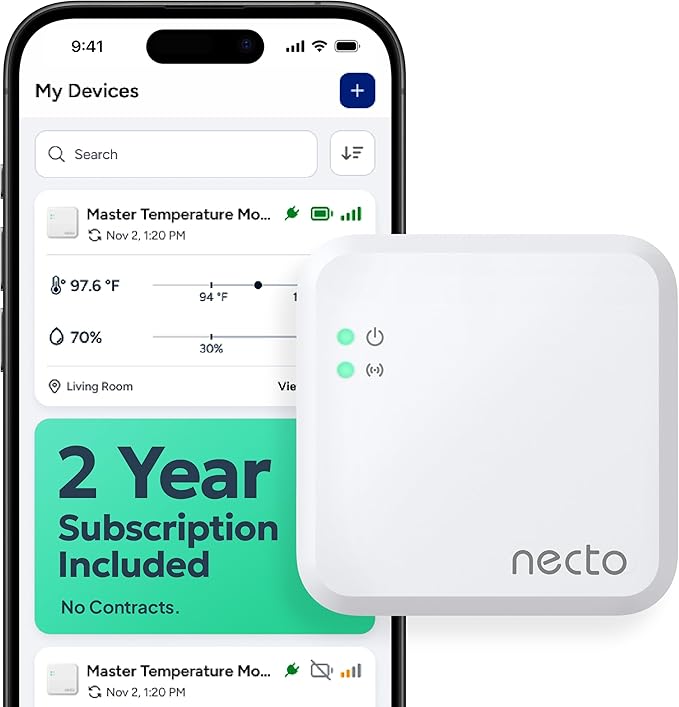 Necto Cellular Temperature Monitor - Remote Power Failure Alarm & Humidity Sensor with Unlimited Alerts. Temp Monitoring System for RV Pet Safety, Vacation Home, Server Room. No Fees or WiFi Required