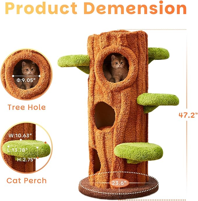 47.2'' Natural Wooden Cat Tree, Modern Cat Condo for Indoor Kitten, Multi-Level Cat Tower with Cat Perch and Scratching Pad for Multi-Cat Families