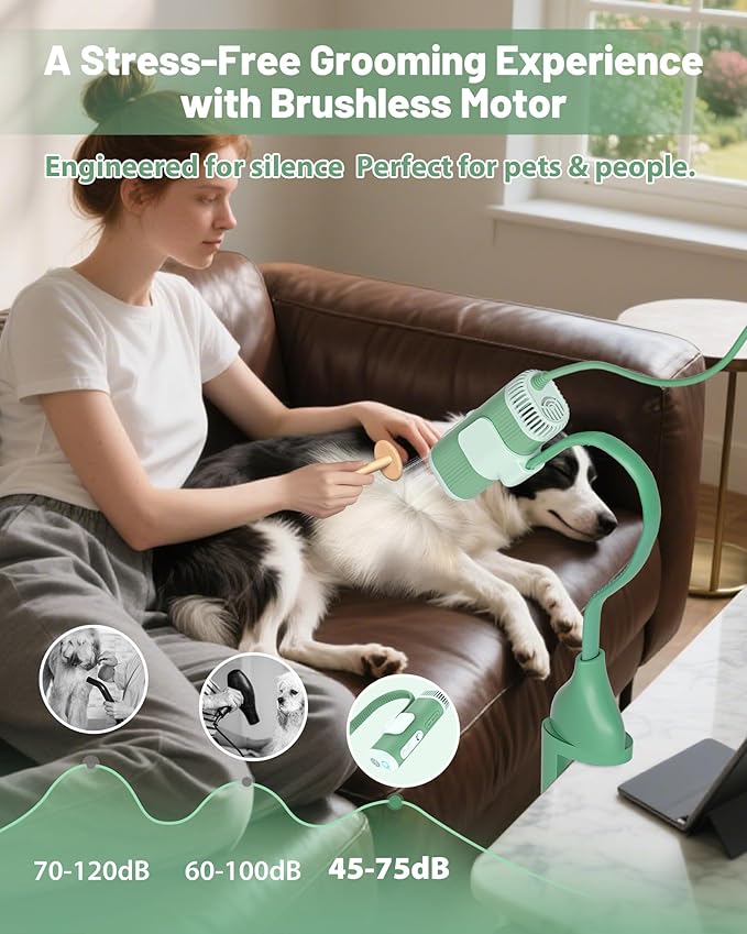 2-in-1 Hands-Free Dog Hair Dryer with Table Clamp – Low Noise Pet Grooming Dryer for Dogs & Cats, Adjustable Heat & Speed, Wearable or Desktop Use(Green)