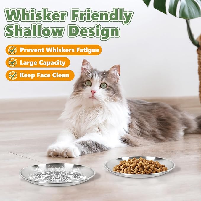 4-Pack Stainless Steel Cat Food Bowls, Shallow Whisker-Friendly Non-Slip Silicone Base Metal Dishes, Easy to Clean Indoor Feeding Flat Plates for Cat, Kitten, Small Dog (6.7")