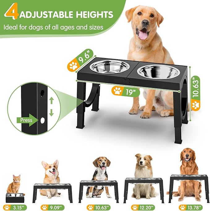 XIAZ Elevated Dog Bowls Large Breed Raised Dogs Bowl Stand Large/Medium Sized Dog Stainless Steel Food Water Bowl Stands 5 Heights Adjustable 9/11/12/14in Black Pet Feeder Dish Station