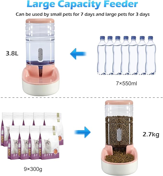 Automatic Dog Cat Feeder and Water Dispenser Gravity Food Feeder and Waterer Set with Pet Food Bowl for Small Medium Dog Puppy Kitten, Large Capacity 1 Gallon x 2(Pink)
