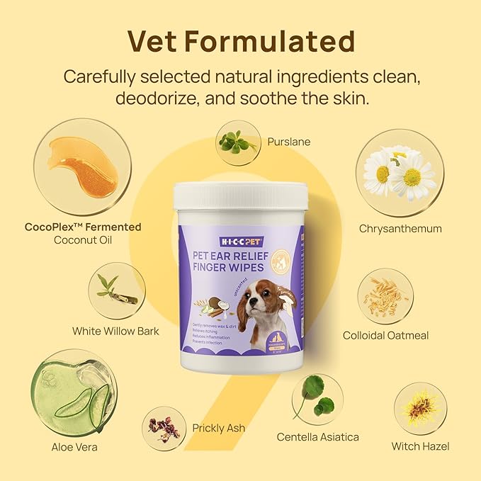 HICC PET Ear Cleaner Wipes for Dogs & Cats, Vet-Recommended Dog Ear Infection Treatment to Relief Itching & Inflammation, Remove Wax, Dirt & Stop Smelly, Cleaning Deodorizing Wipes 50ct(Unscented)