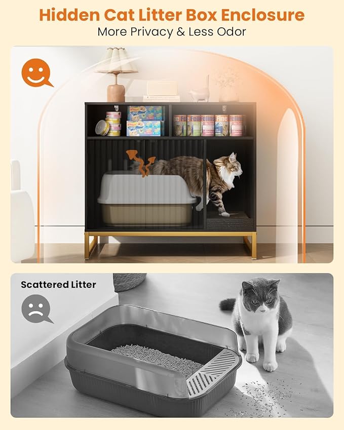 Cat Litter Box Enclosure, Large Hidden Pet Storage Cabinet Furniture with Waveform Fluted Doors & Scratching Pad, Modern Wooden Cat House Indoor for Washroom, Living Room, Bedroom, Black