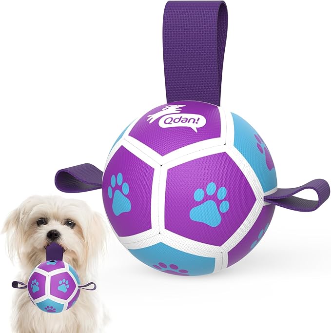 QDAN Small Dog Toys, Puppy Balls, Dog Balls with Straps for Small Breed, Soccer Ball for Dogs, Puppy Toys, Dog Birthday Gift (Purple Blue, 3.5 inch)