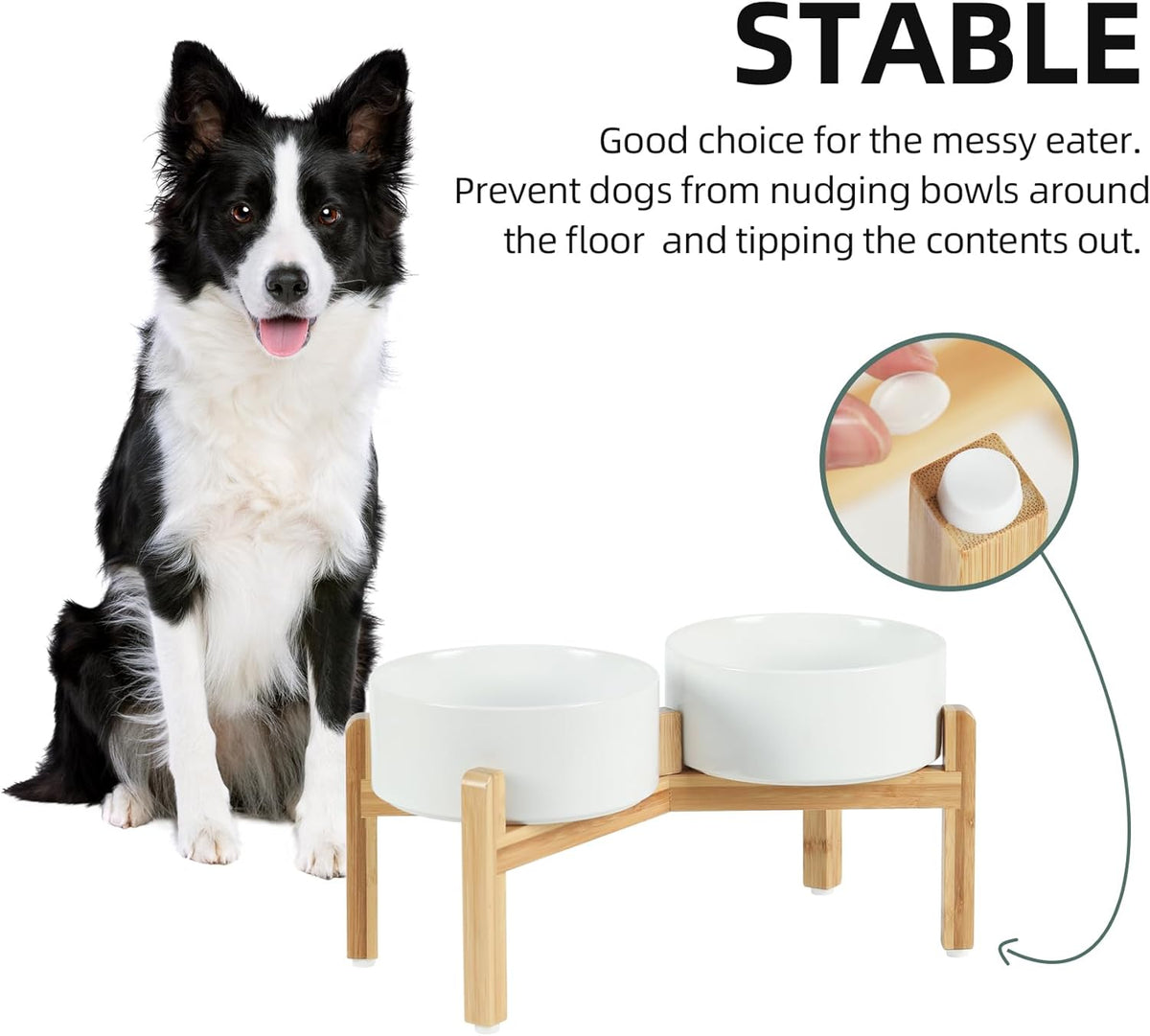 Ceramic Raised Double Bowls Set with Stand, Food & Water Bowls for Medium Breed Dogs, Weighted Dog Dishes, Pet Bowl(7.3'',41OZ, White)