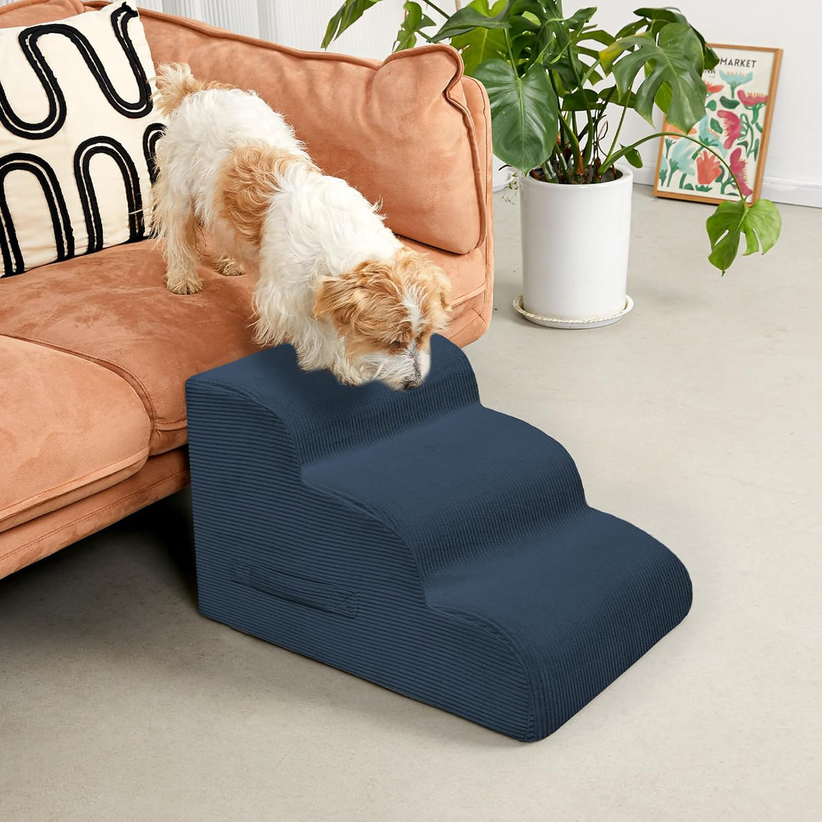 Dog Steps for Small Dogs, 3-Step Pet Ramp Stairs for High Beds and Sofa, Non-Slip Pet Stairs for Small Dogs and Cats, Removable and Easy to Clean Cover, Navy