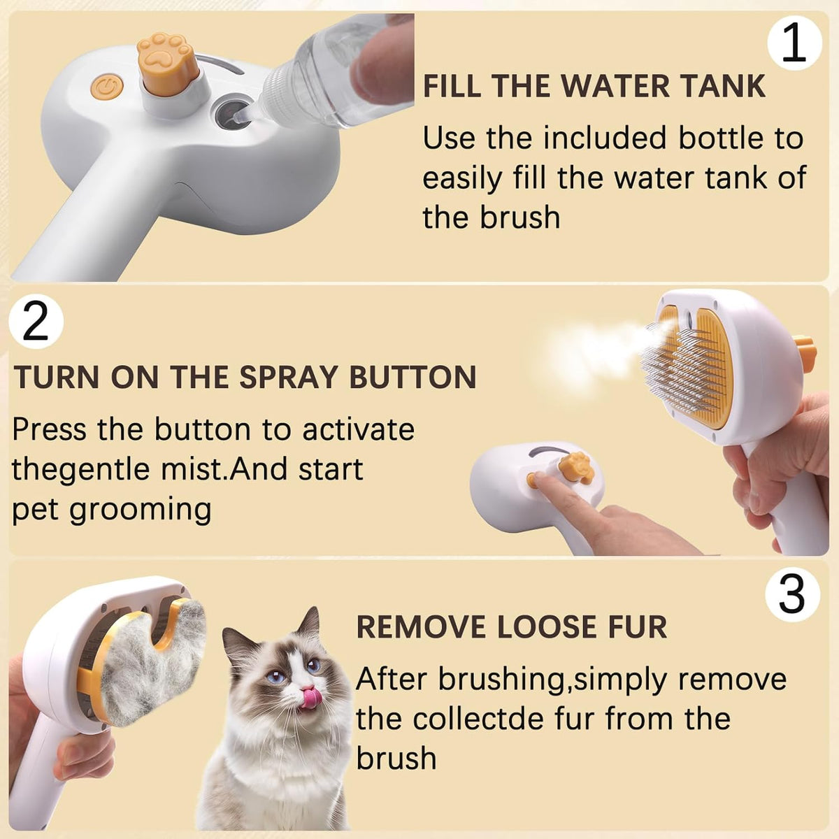 Pet Steam Brush for Dogs and Cats - 4-in-1 Spray Detangling Comb - Steam Detangling and Grooming - Water Brush for Long and Short Haired Pets - Includes Waterless Shampoo and Comb