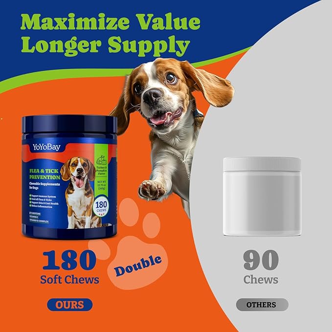 Flea and Tick Prevention for Dogs Chewable - 180 Soft Chews, Turkey & Pumpkin Flavor - Dog Flea and Tick Treatment Chewable, Natural Defense - Dog Immune Support Supplement