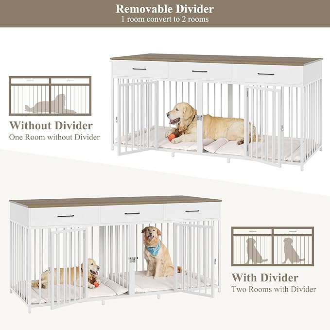 HOSTACK Double Dog Crates Furniture, 71" Wide Indoor Dog Kennel with 3 Drawers, Farmhouse Dog Cage for 2 Large/Medium Dogs, Heavy Duty Dog Crate with Removable Room Divider, Wooden Pet House, White