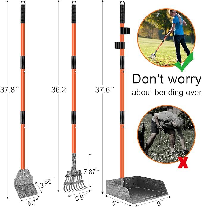 TNELTUEB Scooper Adjustable Long Handle Metal Tray Rake and Spade Poop Scooper for Dogs Pack Poop Scoop Pet Waste Removal Poop Scoop for Large Dogs and Pets Great for Lawns Grass Gravel