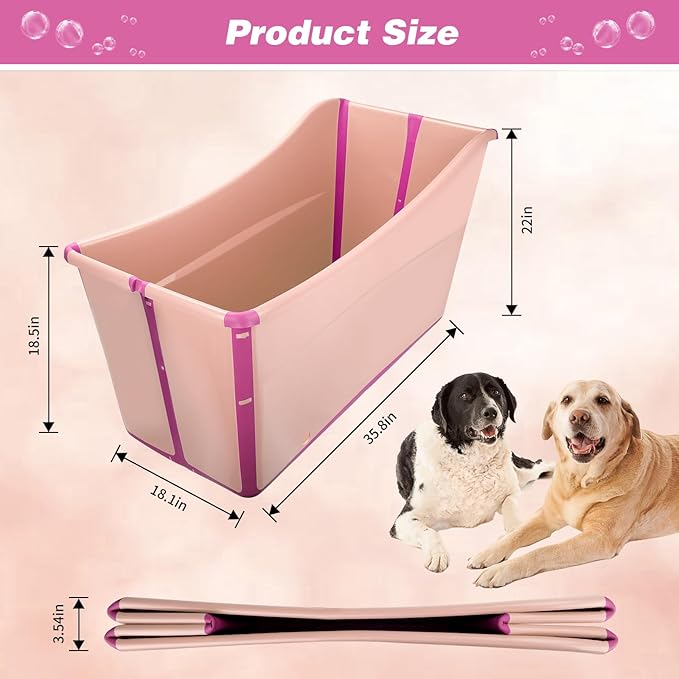 YUEPET Extra Large Foldable Dog Bath Tub for Large Dogs, 49 Gal Portable Dog Bathtub Lightweight Hightened Pet Wash Station with Drain Plug for Big Dogs Indoor/Outdoor Bathing, Camping (Pink)
