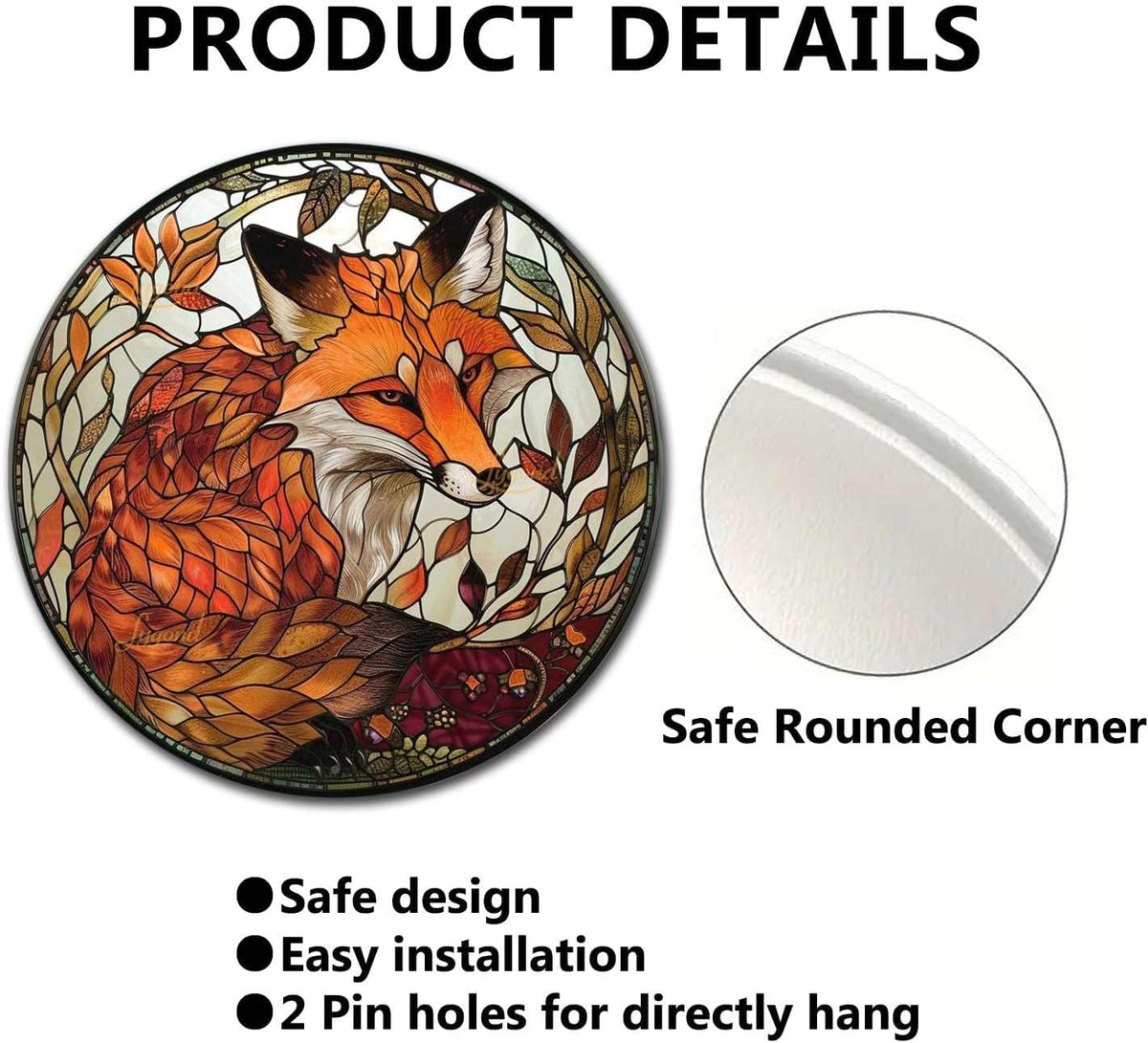 Lygond Metal Sign Tin Sign Circular Stained Glass Red Fox2 Funny Garden Signs For Garage 12×12 Inches