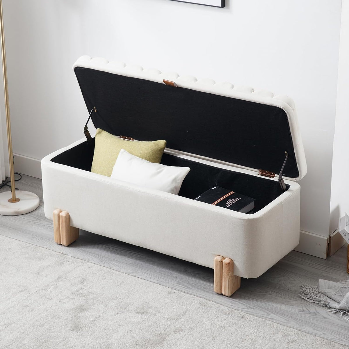 Kmax 45" Storage Bench Linen Entryway Bench Upholstered Ottoman Bench with Wavy Top & Safty Hinge for Bedroom Living Room Hallway, Beige