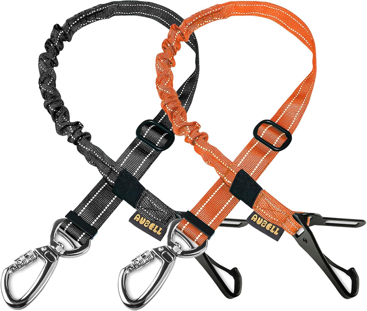 AUBELL Dog Seat Belt for Car,2 Pack Set 3-in-1 Adjustable Reflective Bungee Heavy Duty Dog Car Harness Tether with Clip Hook Latch & Buckle,Swivel Zinc Alloy Carabiner,Black+Orange