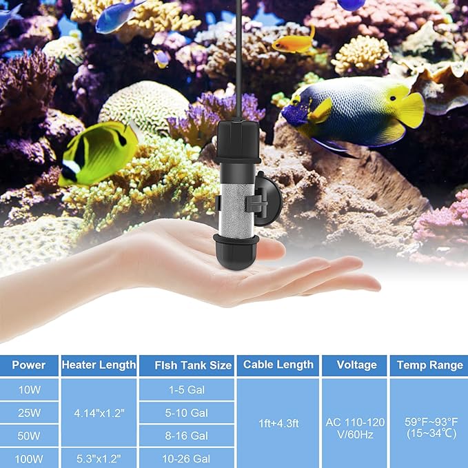hygger Small Aquarium Betta Heater, Submersible Fish Tank Heater 10W/25W/50W/100W with LED Digital Display, Suitable for Marine Saltwater and Freshwater up to 5/10/16/26 Gallon