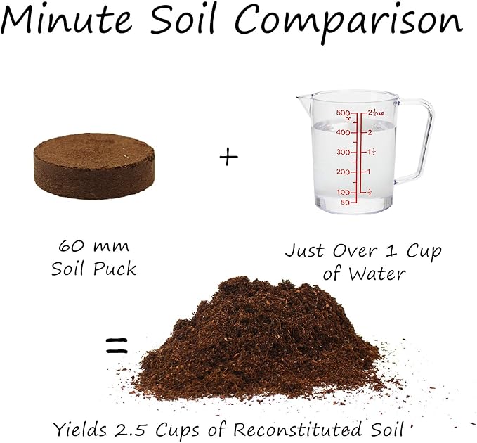 Minute Soil - Compressed Coco Coir Fiber Grow Medium - 60 MM Disks - 10 Pack = 5.5 Quarts of Potting Soil - Indoor Container Gardening: Seed Starting, Plants, Herbs, More - Just Add Water - OMRI