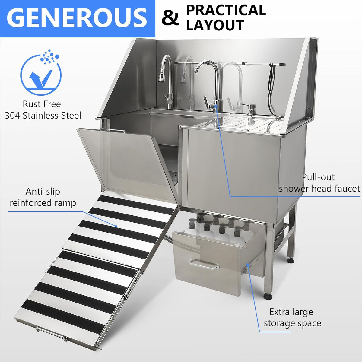 50" Dog Washing Station, Professional Stainless Steel Pet Dog Bathing Station with Ramp, Faucet, Storage Drawer, Floor Grate Dog Bathtub for Large, Medium, Small Pets (Left Ramp)