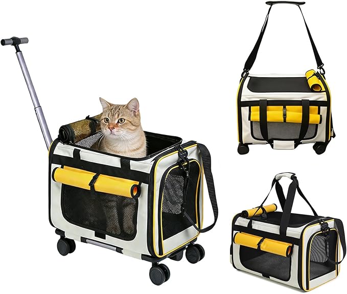 Expandable Pet Carrier with Wheels for Small Dogs and Cats,Airline Approved Rolling Cat Carrier with Removable Platform,18”X11”X14”,Foldable Soft-Sided Travel Bag Fits Under Seat,Up to 16 lbs(Yellow)