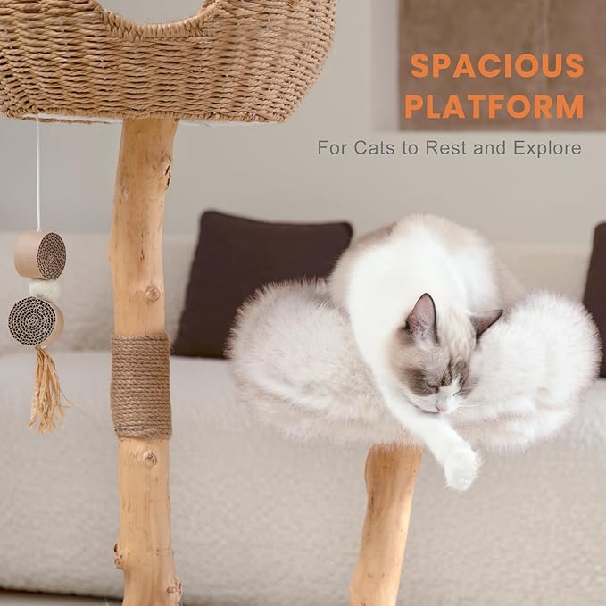 Cat Tree Tower with Two Real Branches, 44 INCH Wood Modern Cat Tower with Luxury Cat Condo, Cat Scratching Post, Jumping Platforms, Cat Furniture (Long Plush)