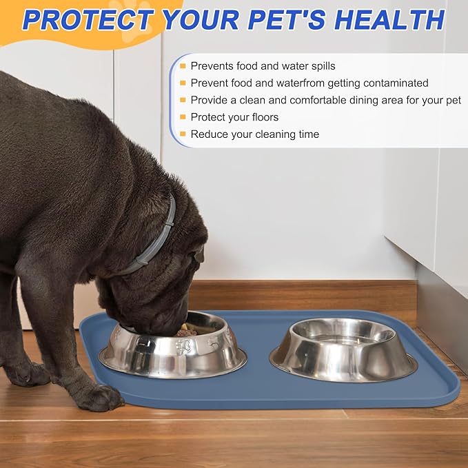 Silicone Pet Feeding Mat with Raised Edge for Food and Water, Dog Bowl Mats, Cat Bowls Placemat with High Lip for Floor Waterproof, Rubber Tray for Cats and Dogs 19 x 12 x0.7 Slate Blue