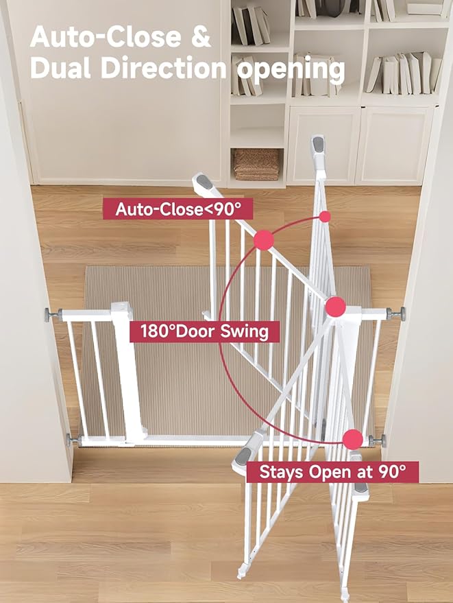 Baby Gate for Stairs, 29.5-40.5" Dog Gate for Doorways, Walk Thru Auto Close Metal Child Gate for The House, Stairs and Doorways, Pressure Mounted Pet Gate for Dog Indoor (White)