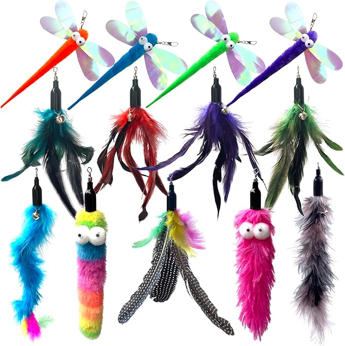 Cat Worm & Dragonfly Teaser Wand Attachments - 13 Pcs Assorted Refills with Bell