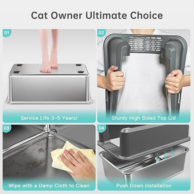 Stainless Steel Litter Box with Lid, 14” XL Stainless Steel Cat Litter Box Enclosure, Extra Large Metal Cat Box, Non-Sticky, Anti Leakage, Easy Cleaning Litter Pan, Include Scoop (Gray)