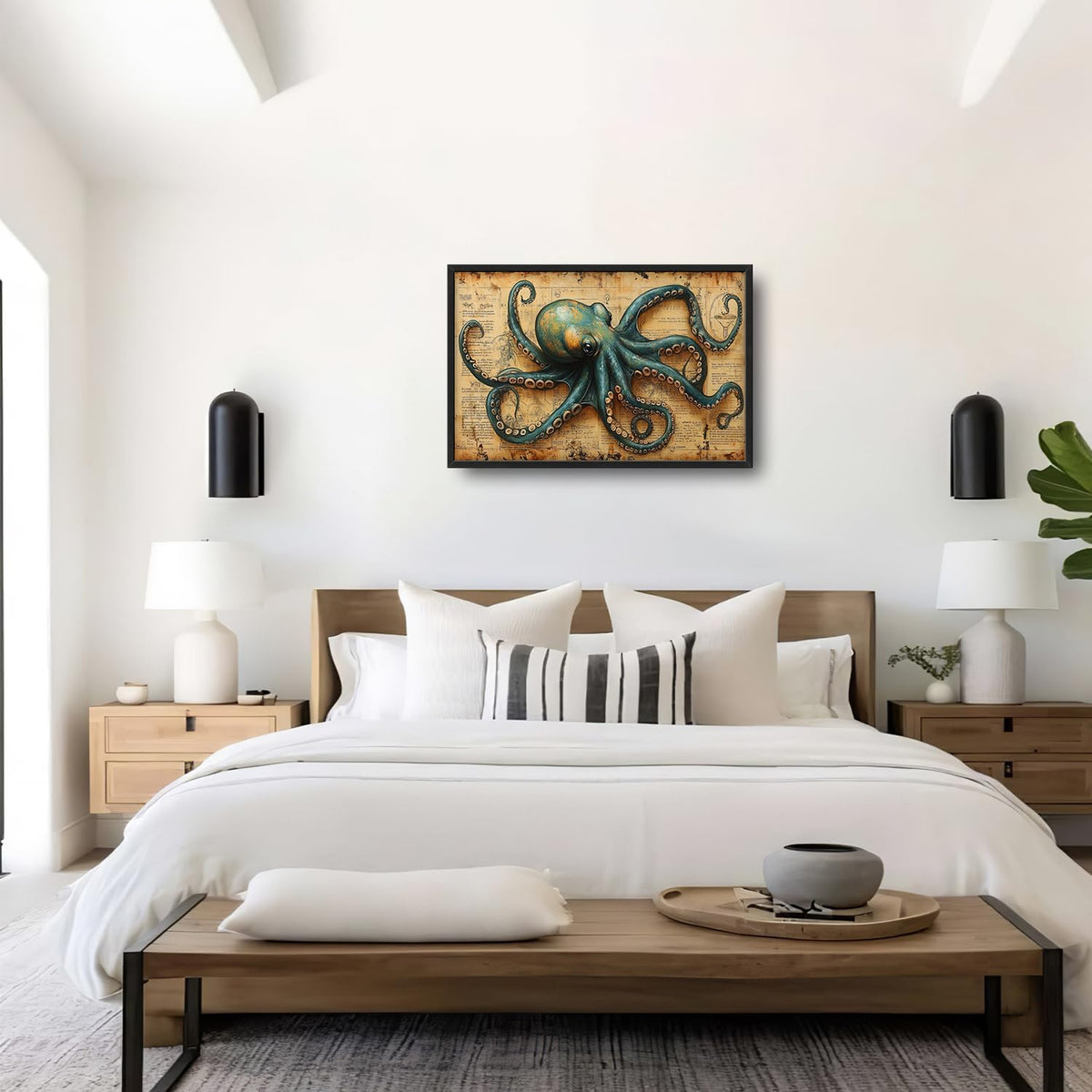 Large Octopus Nautical Wall Art for Living Room, Vintage Ocean Canvas Oversized Wall Decor, Rustic Sea Animal Framed Pictures Painting Print Artwork for Bedroom Office 36"L x 24"W