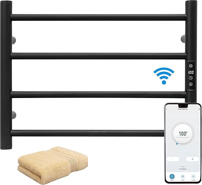 KEG Smart WiFi Towel Warmer Wall Mounted with Built-in Timer and Temperature Adjust Control, 4 Bars Electric Stainless Steel Heated Towel Racks for Bathroom Matte Black