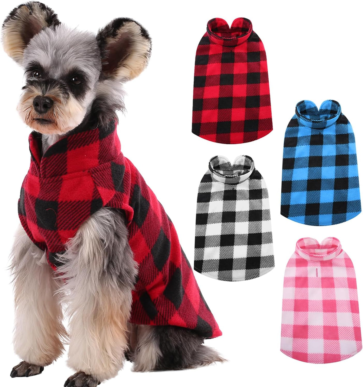 Kuoser 4 Pack Dog Fleece Vest,Warm Plaid Dog Sweater with Leash Hole,Soft Turtleneck Winter Pet Jacket Dogs Coat Pullover for Small Medium Dogs Cats,Spring Fall Cold Weather Christmas Outfit, L