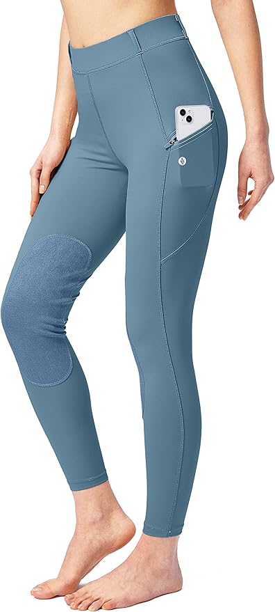 SANTINY Women's Horse Riding Pants with Zipper Pockets Knee-Patch Schooling Tights Equestrian Breeches for Women