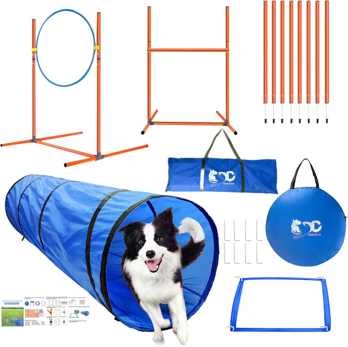Dog Agility Training Equipment, Obstacle Agility Training Starter Kit for Doggie, Including Tunnel, 27 Weave Poles, Adjustable Hurdle, Jump Ring, Pause Box and Carrying Bag(Blue,L)