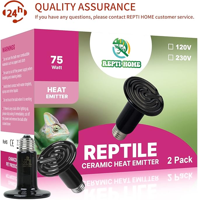 75W Ceramic Heat Emitter (2 Pack), Reptile Heat Lamp Bulbs, Ceramic Heater for Amphibian, Pet Brooder Coop, Chicken, Dog