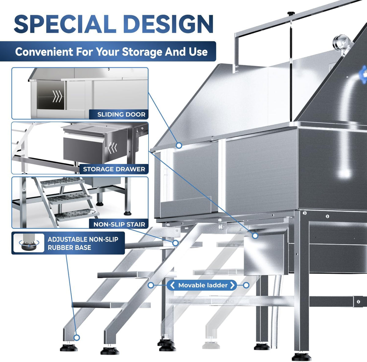 Professional 46" Dog Washing Station, Stainless Steel Dog Bathing Station, Height Adjustable Dog Wash Station, Storage Drawer, Upgrade Parts, Home, Commercial (Left Step)